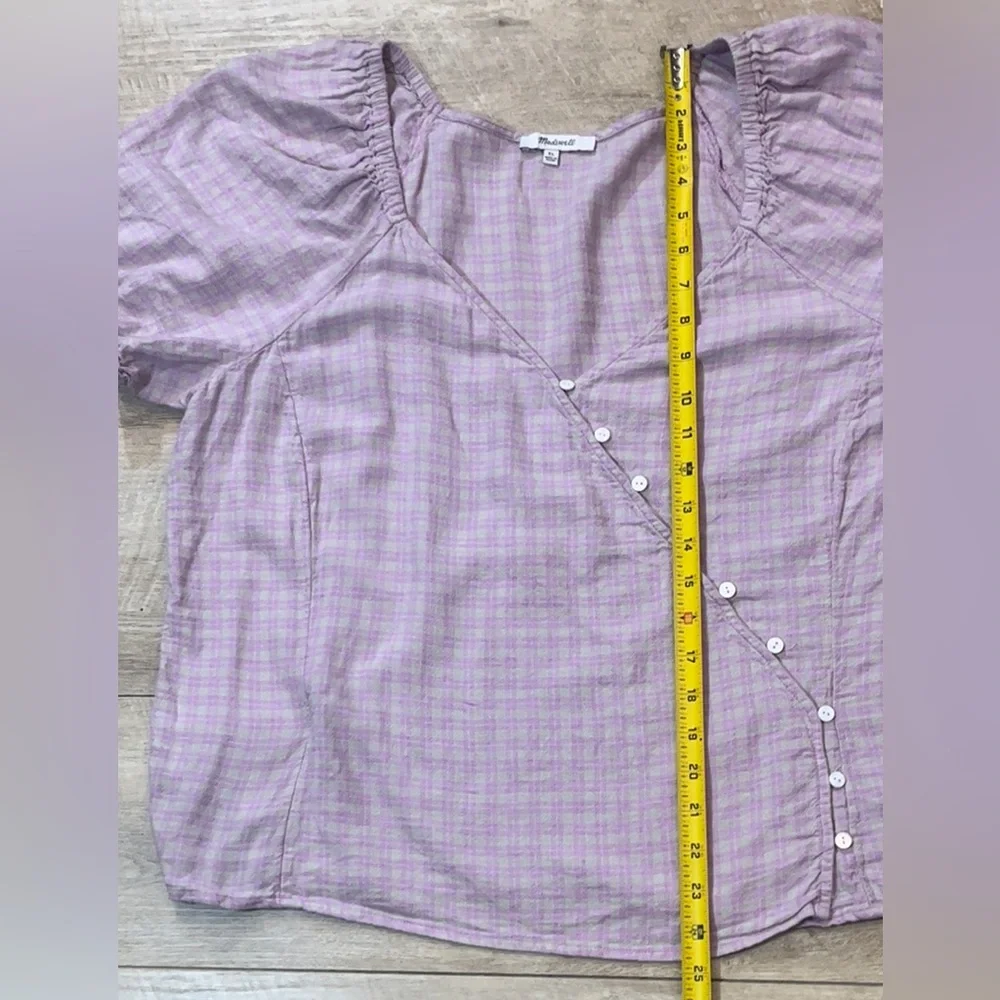 Madewell Women’s Linen Blend Lavender Plaid Puff Sleeve Button Wrap Top Size XL